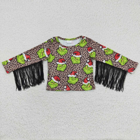 GT0190 Green Frog Smiling Leopard Print Girls Christmas Tassel Tee Shirts Top
