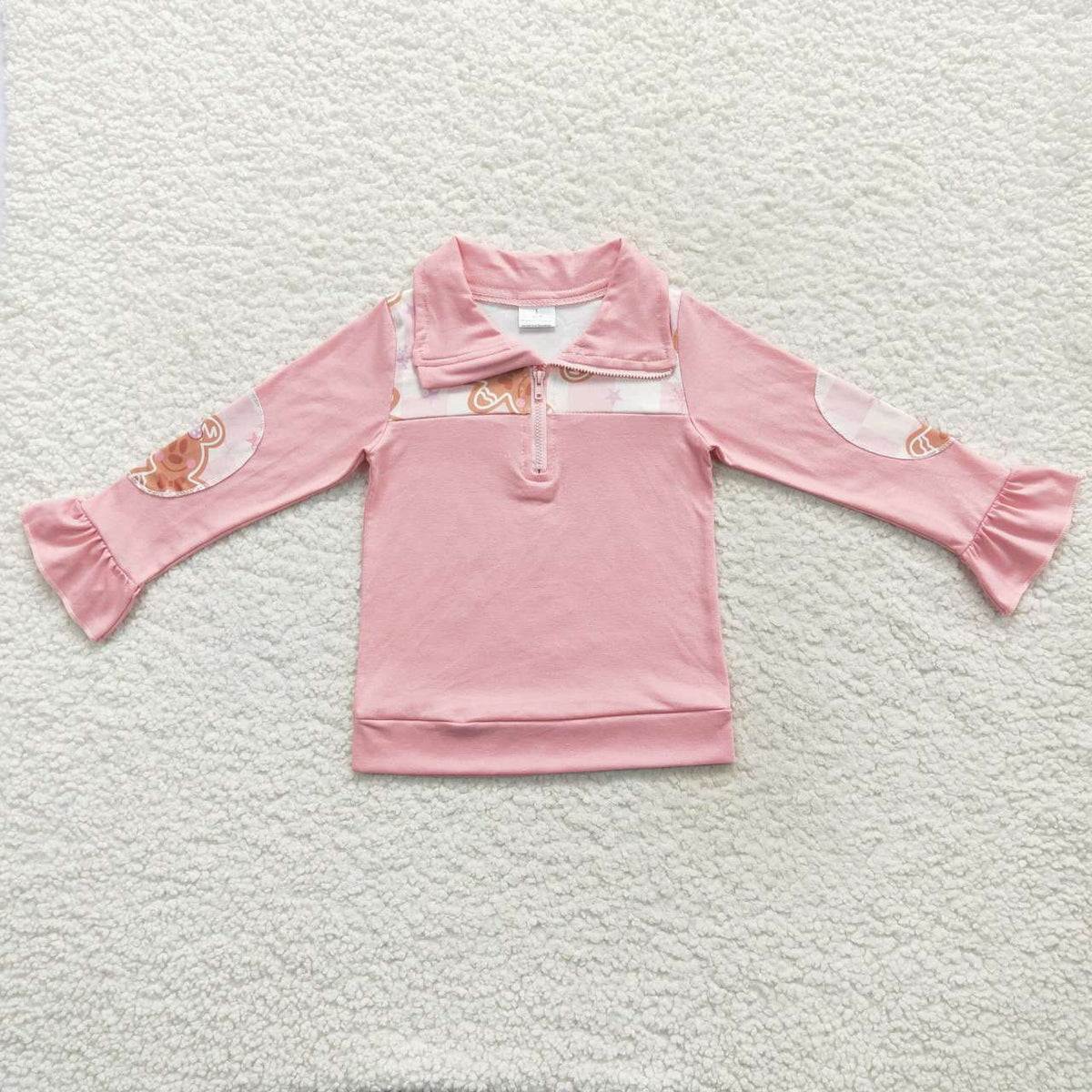 GT0218 Gingerbread Pink Girls Christmas Zipper Pullover Top