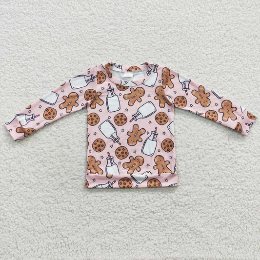 GT0220 Gingerbread Cookies Milk Print Girls Christmas Tee Shirts Top