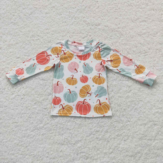 GT0235 Pumpkin Print Girls Fall Tee Shirts Top