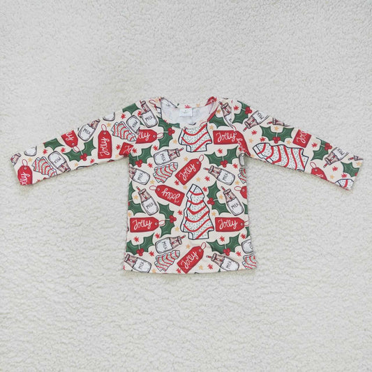 GT0325 Debbie Cake Milk Holly Print Girls Christmas Tee Shirts Top