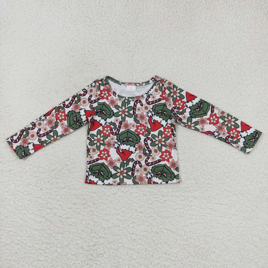 GT0326 Green Frog Flowers Candy Cane Holly Print Girls Christmas Tee Shirts Top