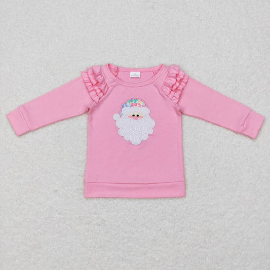 GT0369 Santa Embroidery Pink Cotton Girls Christmas Tee Shirts Top