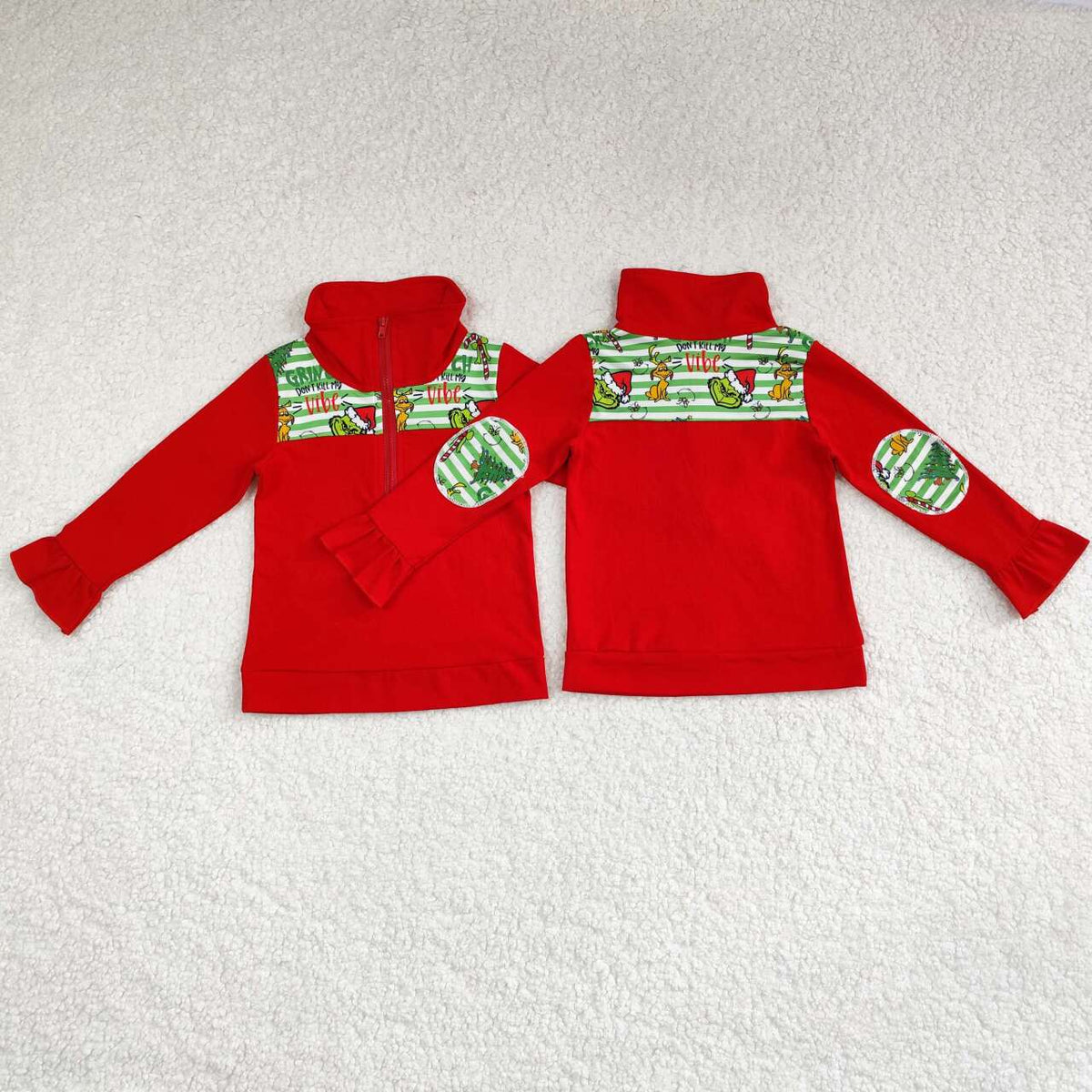 GT0611 Green Frog Stripes Print Girls Christmas Zipper Pullovers Top