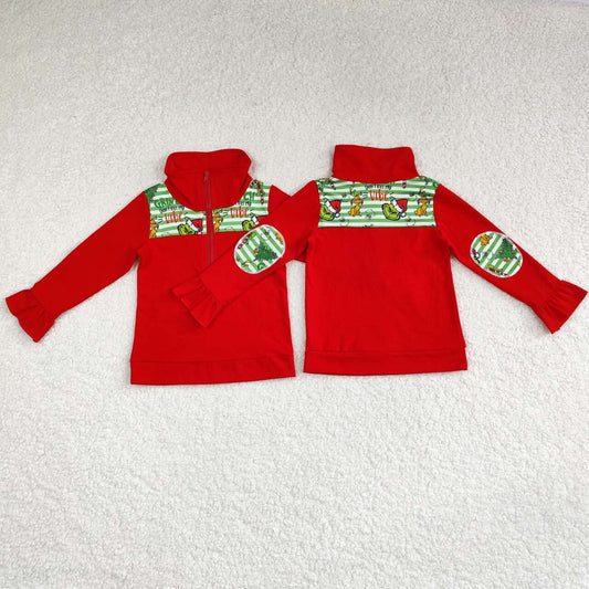 GT0611 Green Frog Stripes Print Girls Christmas Zipper Pullovers Top