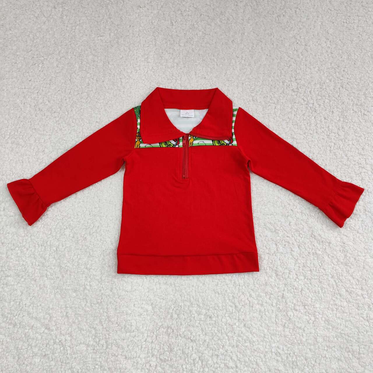 GT0611 Green Frog Stripes Print Girls Christmas Zipper Pullovers Top