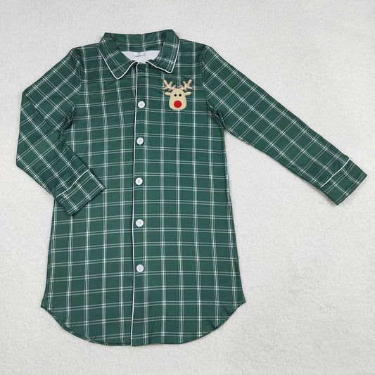 GT0621 Adult Deer Embroidery Green Checkered Print Woman Christmas Pajamas Top Buttons Nightshirt