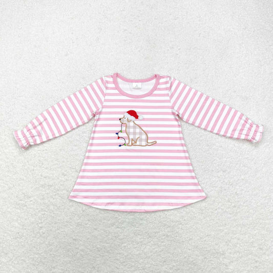 GT0659 Dog Lights Embroidery Pink Stripes Girls Christmas Tee Shirts Top