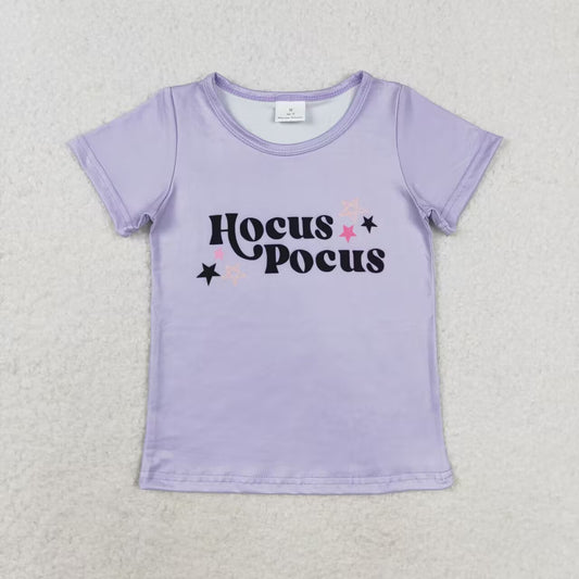 GT0667 Witch Purple Print Girls Halloween Short Sleeve Tee Shirts Top