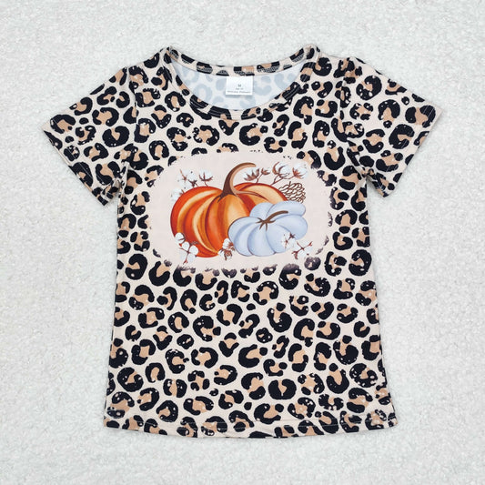 GT0688 Pumpkin Leopard Print Girls Fall Short Sleeve Tee Shirts Top