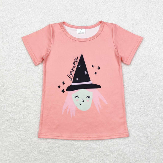 GT0697 Spooky Witch Pink Print Girls Halloween Short Sleeve Tee Shirts Top