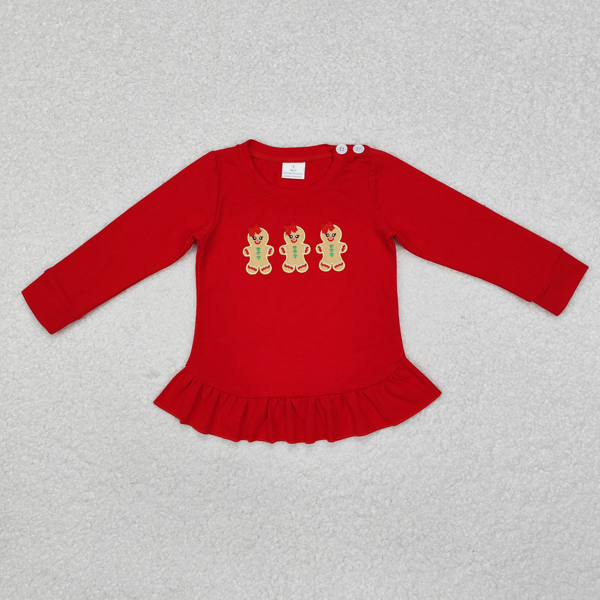 GT0702 Gingerbread Embroidery Red Cotton Girls Christmas Tee Shirts Top