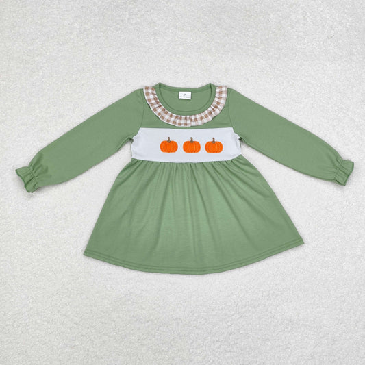 GT0711 Pumpkin Embroidery Green Girls Fall Tee Shirts Top