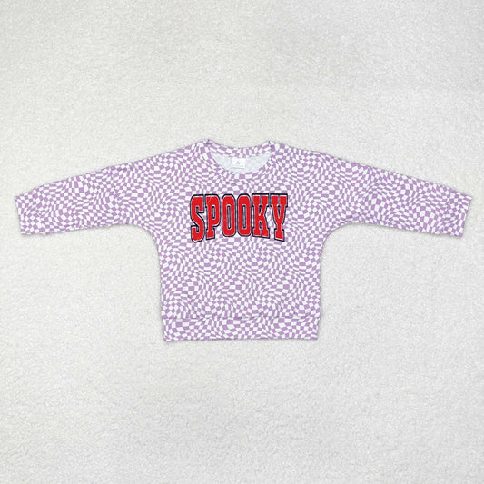GT0716 SPOOKY Wavy Checkered Print Girls Halloween Long Sleeve Tee Shirts Top