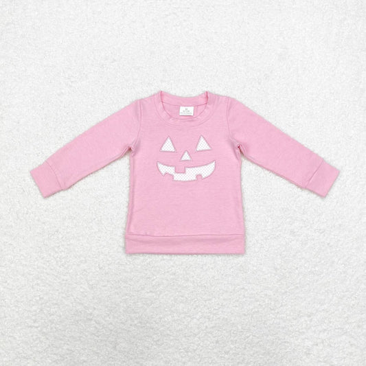 GT0717 Smiling Embroidery Pink Cotton Girls Halloween Tee Shirts Top