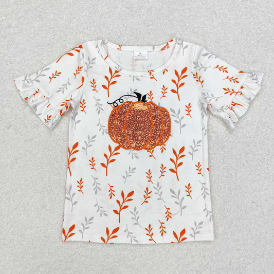 GT0824 Pumpkin Embroidery Girls Fall Short Sleeve Tee Shirts Top