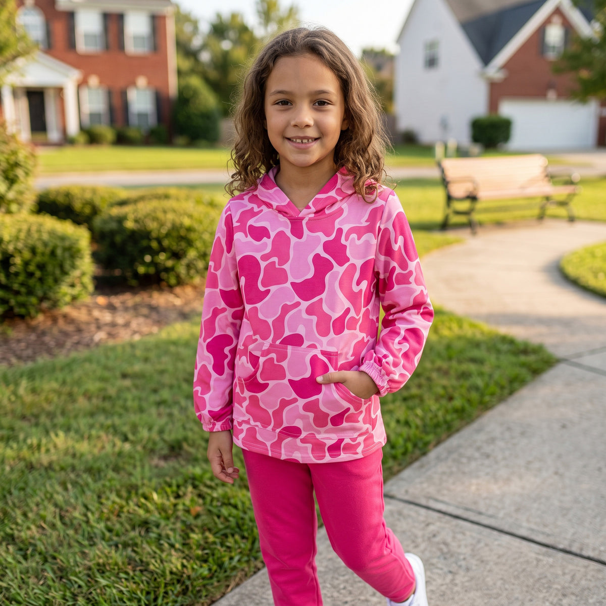 GT0866 Pink Camo Print Girls Pocket Hoodie Top