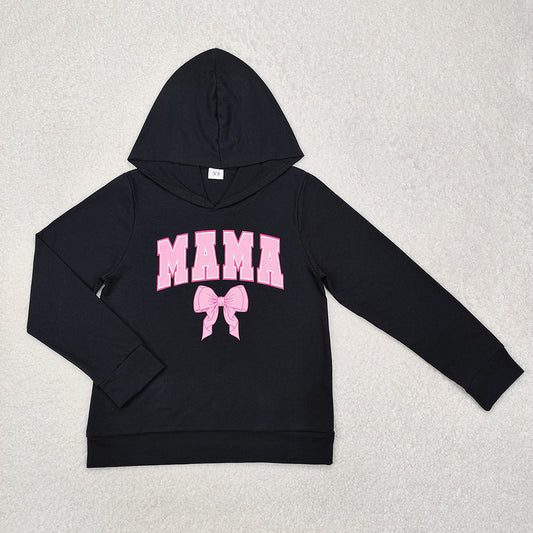 Mommy and Me Baby Girls Mini Mama Bow Black Hooded Tops