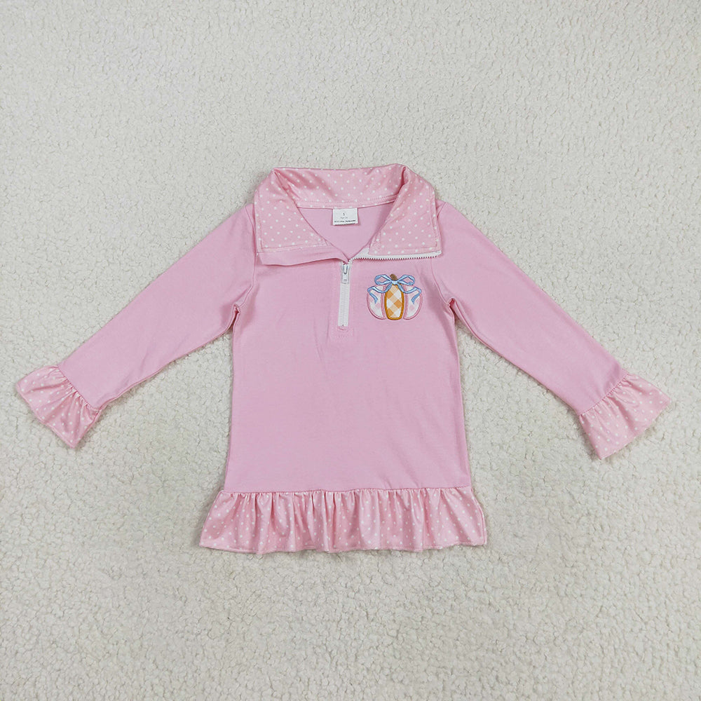 GT1112 Pumpkin Embroidery Pink Girls Fall Zipper Pullover Top