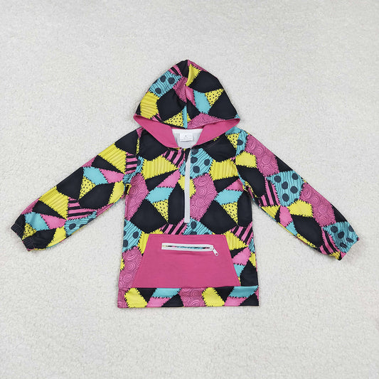 GT1137 Nightmar* Patchwork Print Girls Halloween Zipper Pocket Hoodie Top