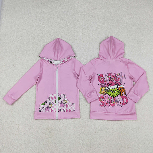 GT1142 Green Frog Pink Print Girls Christmas Zipper Pockets Hoodie Jackets Top