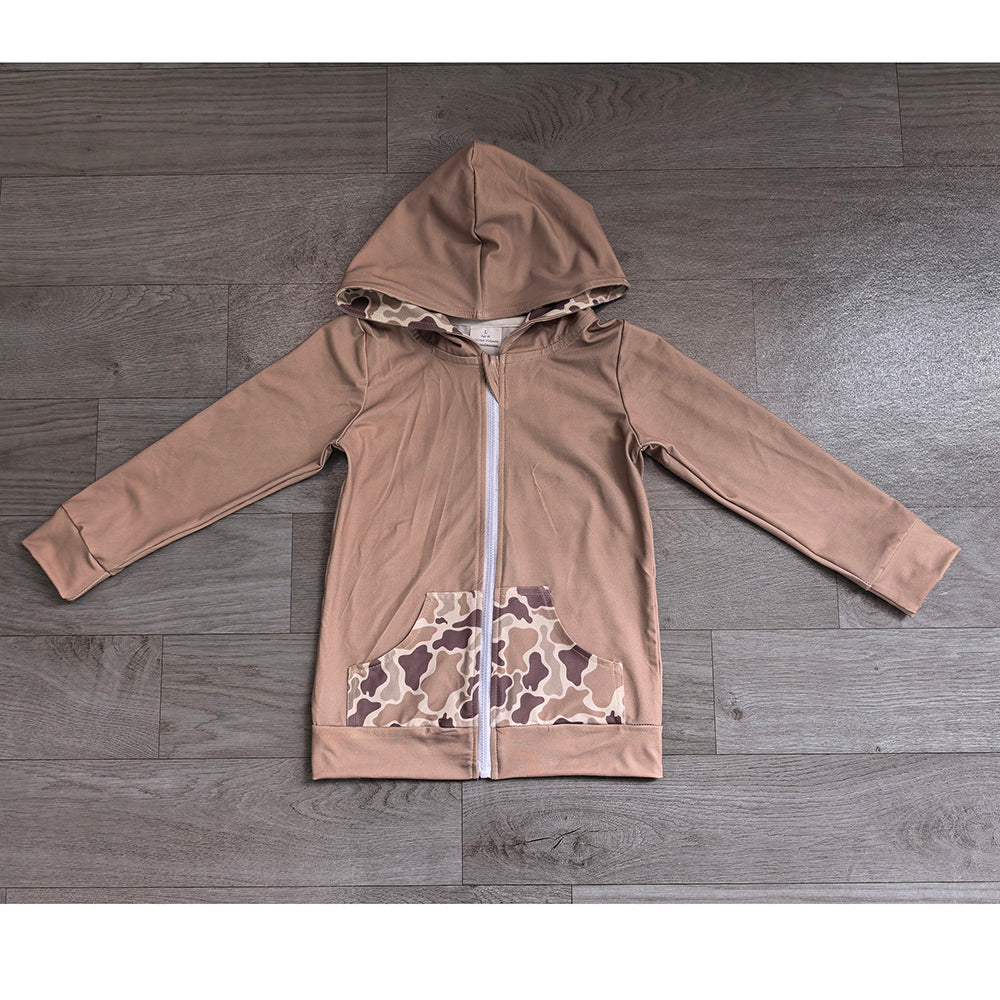 GT1144 Preorder Deer Camo Brown Print Boys Pockets Zipper Hoodie Jackets Top