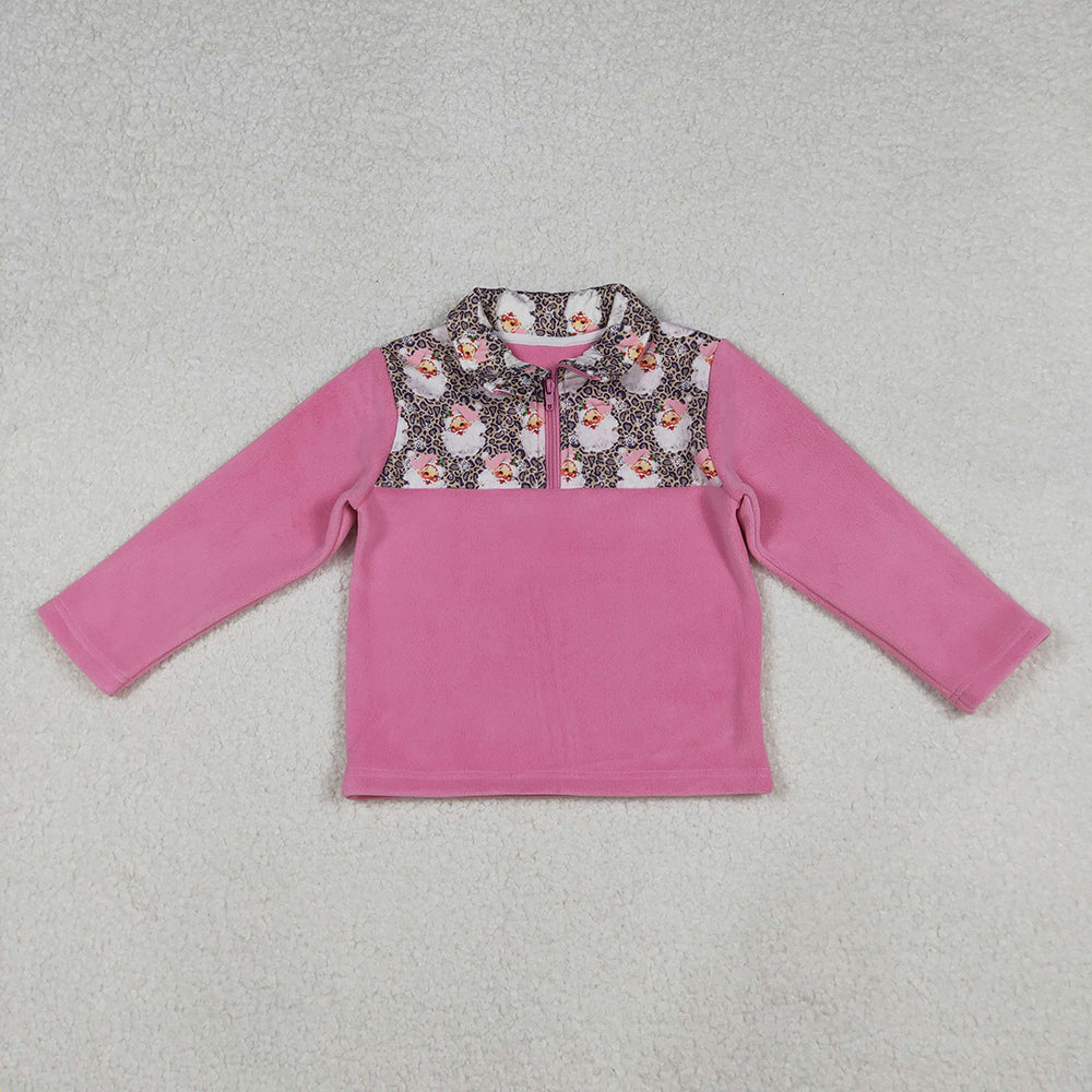GT1151 Santa Leopard Pink Girls Christmas Thick Sherpa Zipper Pullover Top