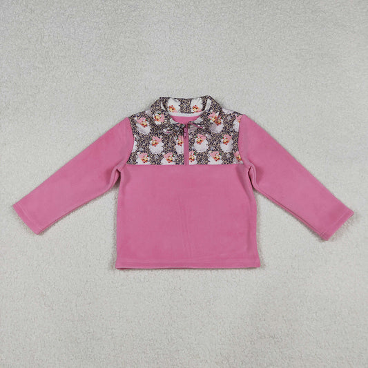 GT1151 Santa Leopard Pink Girls Christmas Thick Sherpa Zipper Pullover Top