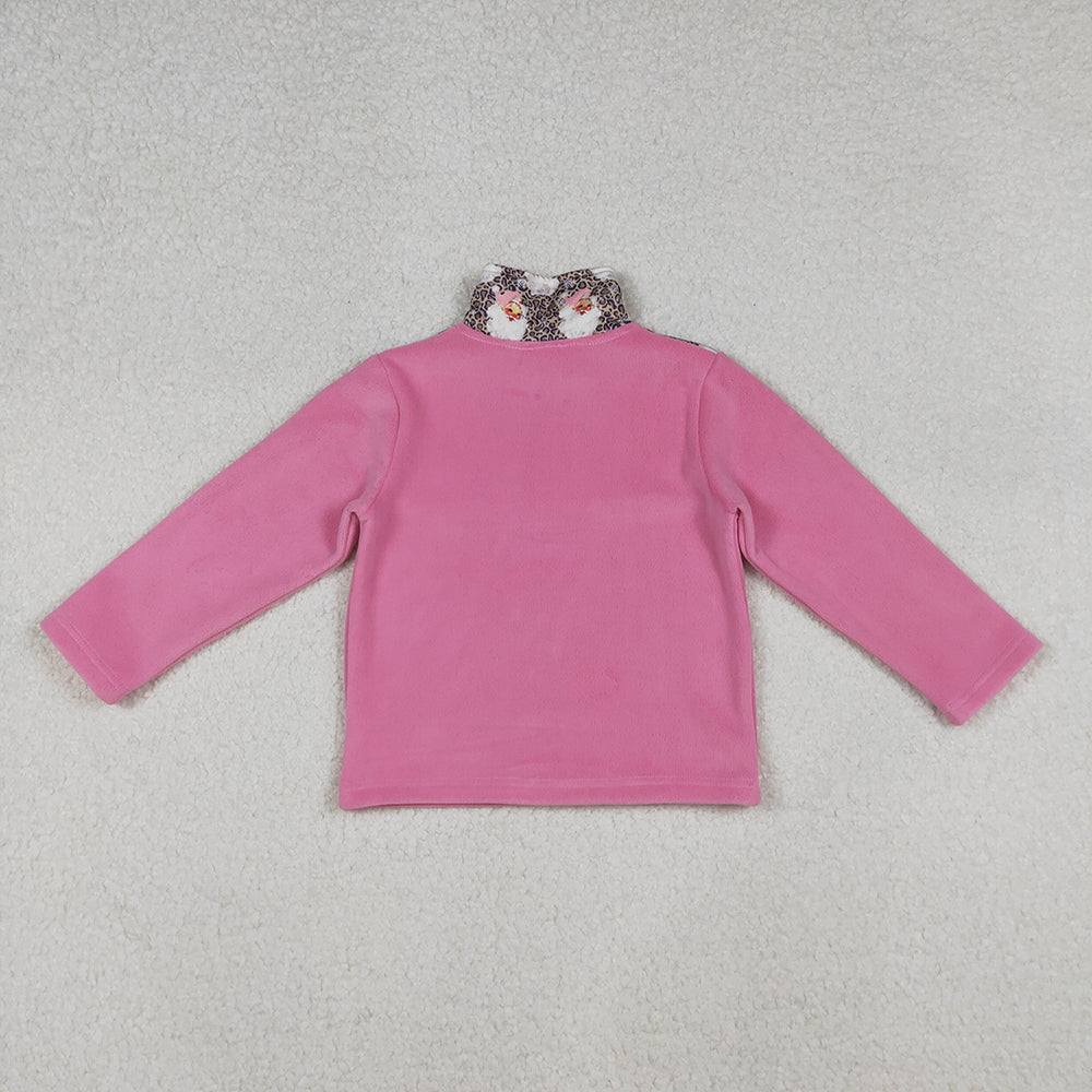 GT1151 Santa Leopard Pink Girls Christmas Thick Sherpa Zipper Pullover Top