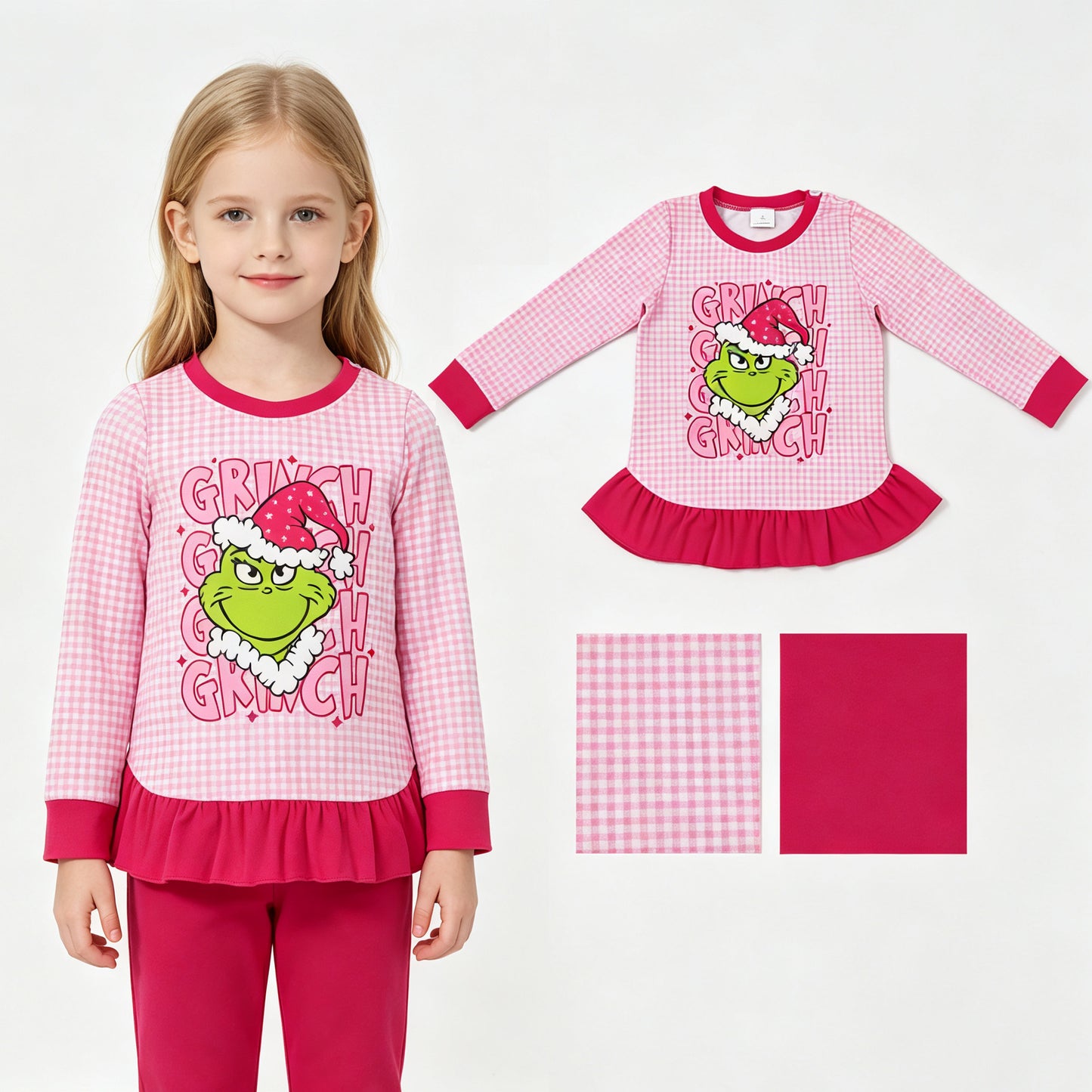 GT1154 Green Frog Pink Checkered Print Baby Girls Christmas Long Sleeve Tee Shirts Top