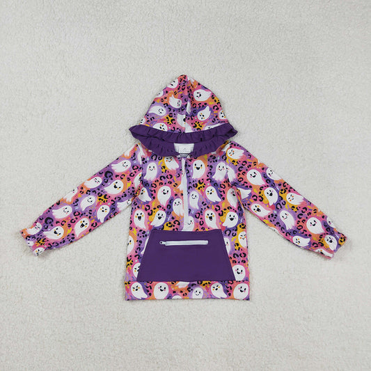 GT1155 Ghost Leopard Print Girls Halloween Zipper Pocket Hoodie Top