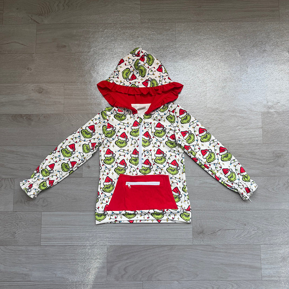GT1163 Preorder Christmas Green Frog Girls Long Sleeve Zipper Pocket Hoodie Top
