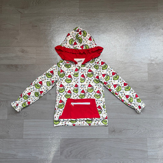 GT1163 Preorder Christmas Green Frog Girls Long Sleeve Zipper Pocket Hoodie Top