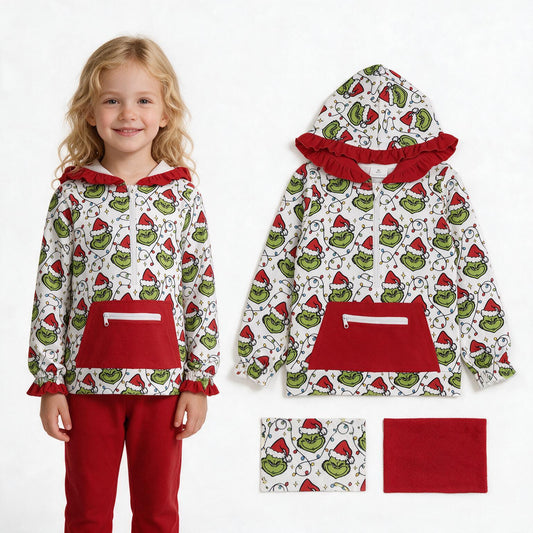 GT1163 Green Frog Lights Print Girls Christmas Long Sleeve Zipper Pocket Hoodie Top