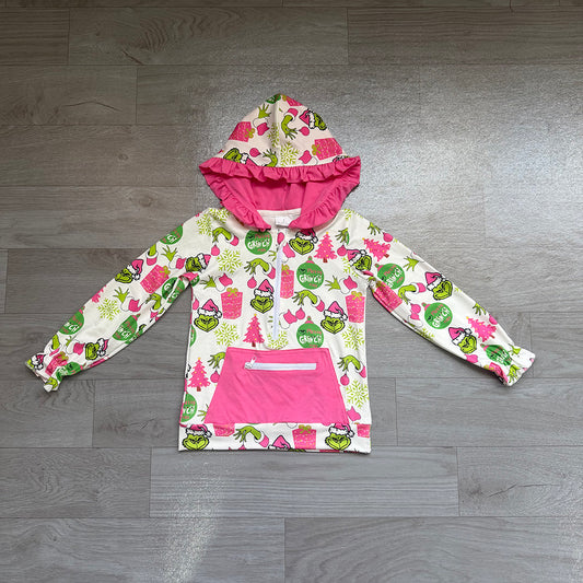 GT1164 Preorder Christmas Green Frog Pink Girls Long Sleeve Zipper Pocket Hoodie Top
