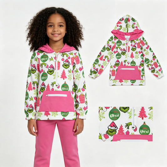 GT1164 Green Frog Pink Girls Christmas Long Sleeve Zipper Pocket Hoodie Top