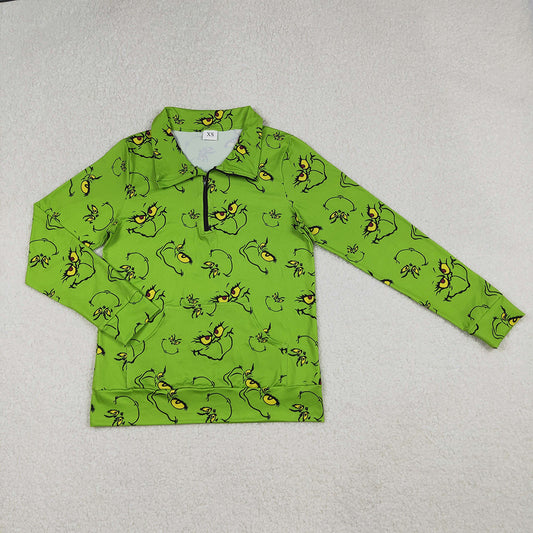 GT1173 Adult Green Frog Smiling Print Woman Christmas Pocket Zipper Pullover Top