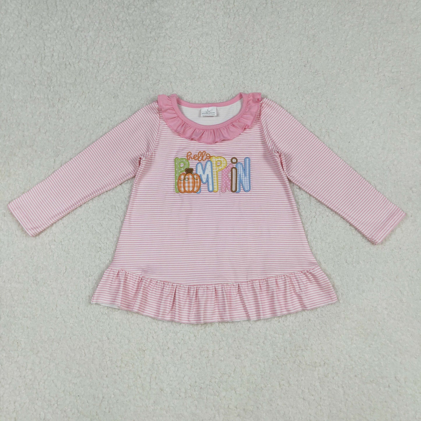 GT1183 Pumpkin Embroidery Stripes Girls Fall Tee Shirts Top