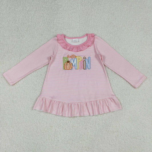 GT1183 Pumpkin Embroidery Stripes Girls Fall Tee Shirts Top