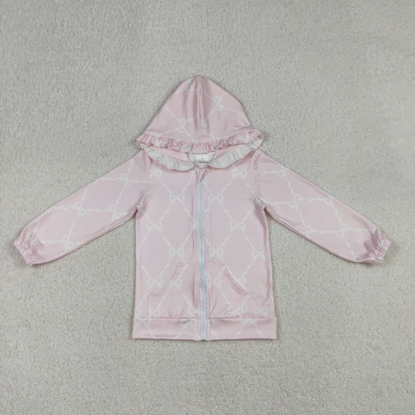Sibling Baby Girls Long Sleeve Bows Checked Mouths Ruffle Hoodie Zip Pockets Jackets Top