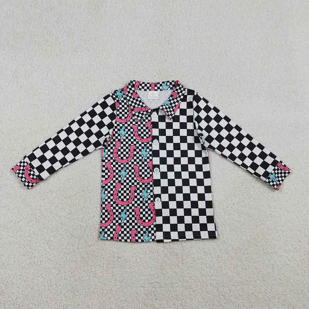 GT1509 Horse Shoes Plaid Print Girls Long Sleeve Button Tee Shirts Top