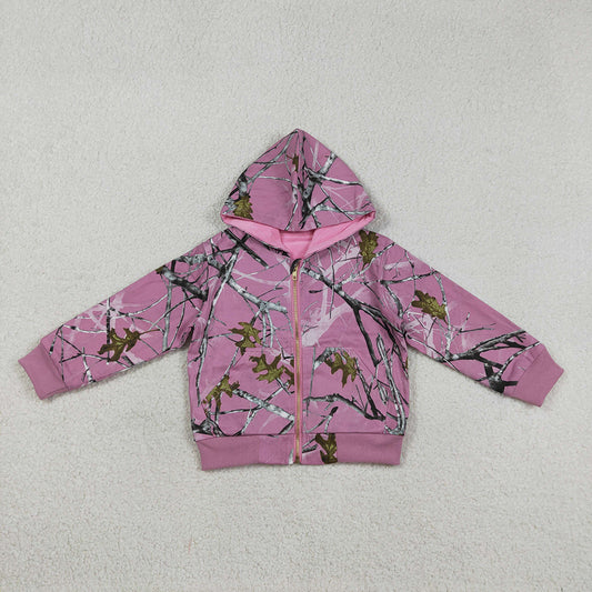 GT1591 Pink Branch Camo Print Girls Zipper Pockets Hoodie Jackets Top