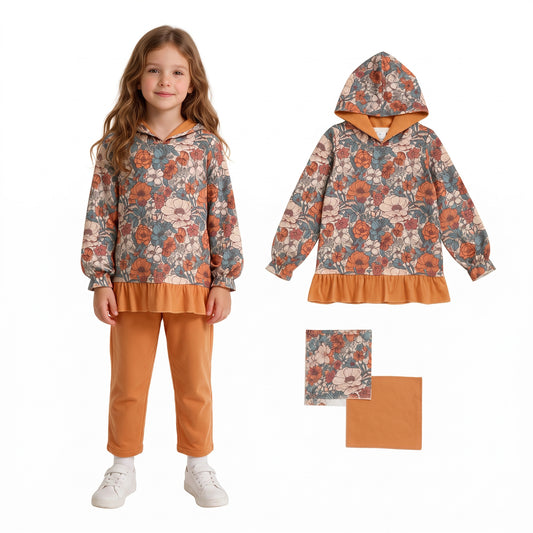 GT1643 Vintage Floral Girls Ruffle Hoodie Top