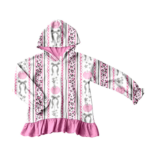 4.20 Girls Pink Pumpkin Bow Print Hoodie - Toddler Ruffle Hem Hooded Top Preorder