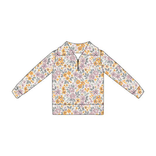 4.21 GT1649 Toddler Orange Pink Flowers Zipper Girls Long Sleeve Pullover Top Preorder