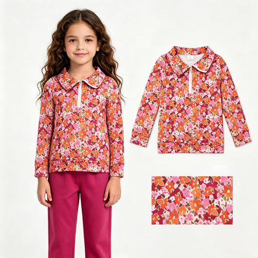 GT1652 Orange Pink Flowers Zipper Girls Long Sleeve Pullover Top