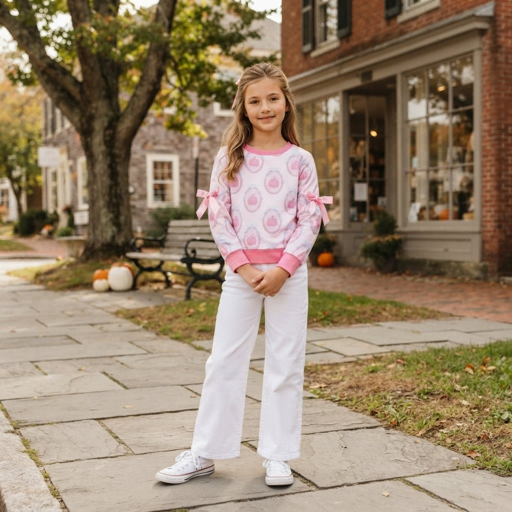 GT1657 Pumpkin Bows Pink Girls Fall Long Sleeve Tee Shirts Top