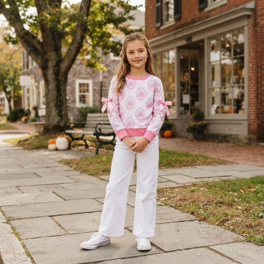 GT1657 Pumpkin Bows Pink Girls Fall Long Sleeve Tee Shirts Top