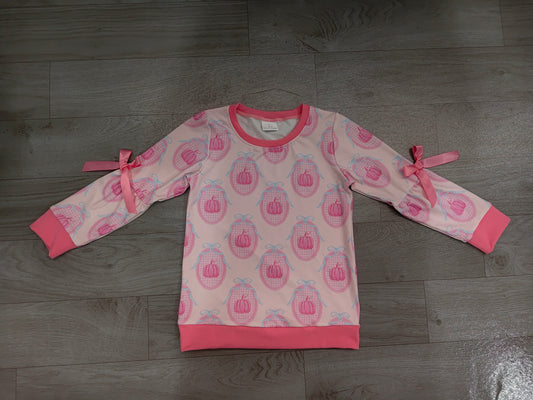4.22 GT1657 Preorder Pumpkin Bows Pink Girls Fall Tee Shirts Top