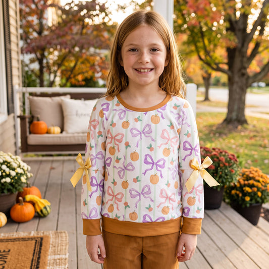 GT1658 Pumpkin Bows Flowers Stripes Girls Fall Tee Shirts Top